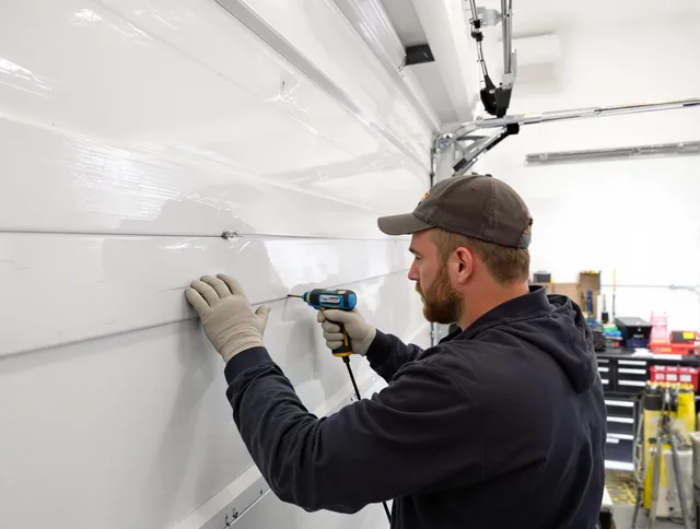 Castle Rock Garage Door Repair technician demonstrating precision dent removal techniques on a Castle Rock garage door