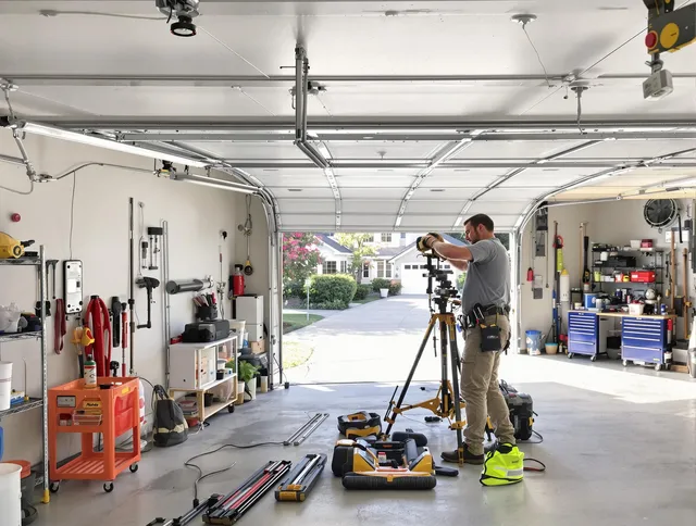 Castle Rock Garage Door Repair specialist performing laser-guided track alignment in Castle Rock